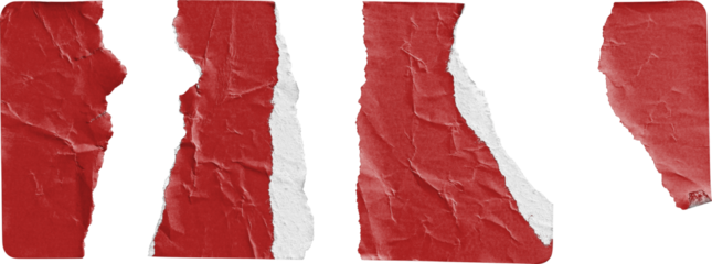 Red Sticker Torn into Four Irregular Strips isolated on transparent background