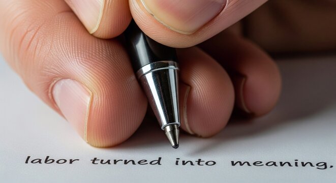Close-up of pen and hand writing text on white paper, indoors.