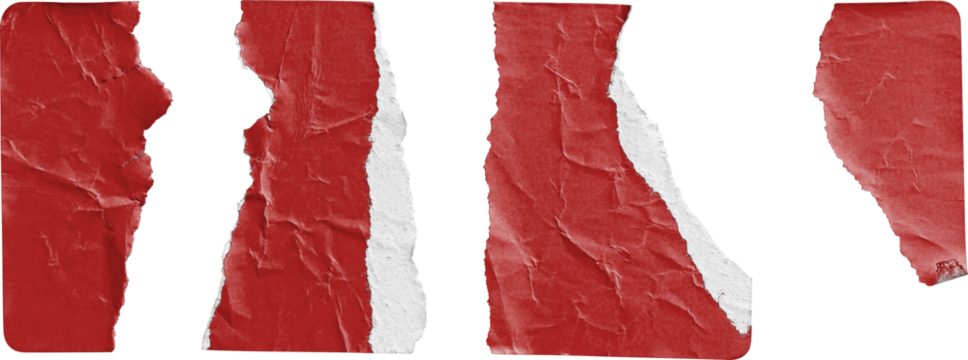 Red Sticker Torn into Four Irregular Strips isolated on transparent background - Powered by Adobe