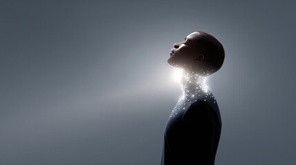 A profile of a person against a dark, neutral background with a visualization of a digital network in the neck and shoulder area. Conceptualization of artificial intelligence, neural connections, biom