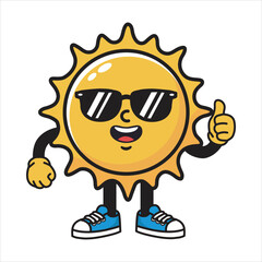 Fototapeta premium Smiling cartoon sun character in cool sunglasses and sneakers, thumbs up.
