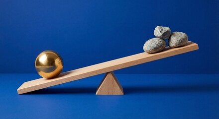 Gold sphere balancing against rough stones on a wooden seesaw scale.