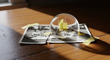 Old Photos Under Glass Dome on Wooden Table in Warm Sunlight