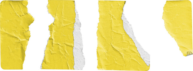 Yellow Sticker Torn into Four Irregular Strips isolated on transparent background