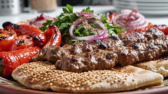 Serving Grilled Kofta Kebab With Roasted Red Peppers and Fresh Salad