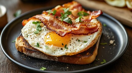 Crispy bacon, fried egg, and toast breakfast