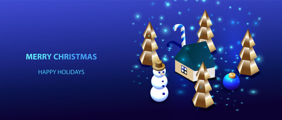 Christmas house with snowman and trees isometric banner. Technology xmas design with candy cane and ball. Vector illustration for holiday.