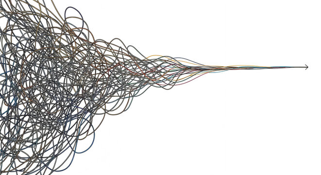 Complex to Simple Resolution: Tangled Mess of Wires/Lines Merging into a Focused Arrow