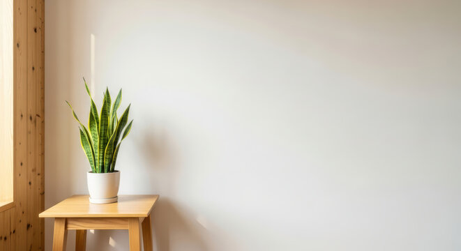 Serene indoor setting A vibrant snake plant in a white pot rests on a light wood table, framed by a sunlit white wall.