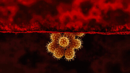 Microscopic view of yellow pathogen cell. 3D scientific illustration of virus, bacteria or cancer tumor on red background.