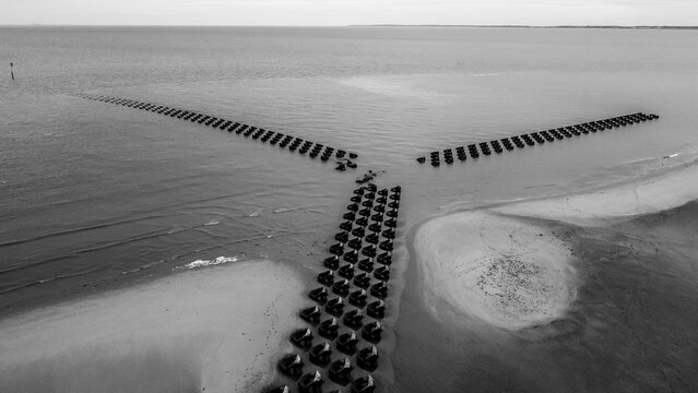 Aerial monotone view of concrete breakwater blocks 