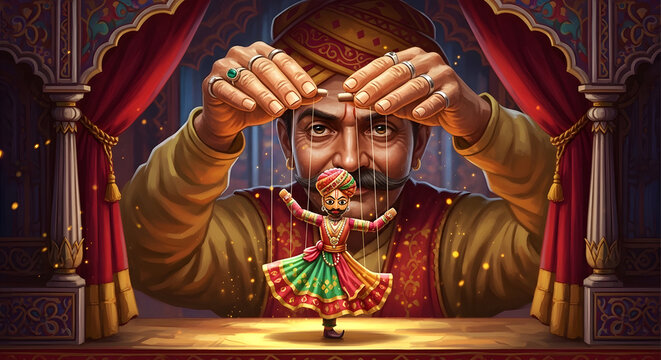 Traditional indian puppeteer manipulating string marionette doll on stage with red curtains realistic illustration