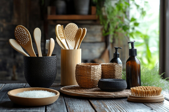 Generative AI image of eco friendly wooden kitchen tools and accessories arranged neatly on countertop in sustainable interior