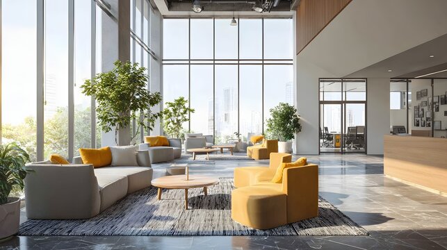 modern office lounge with Asian employee warm calm ambiance