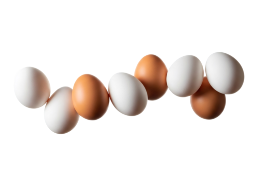 White and brown chicken eggs floating in a row. Fresh raw ingredient for cooking and baking on transparent background.