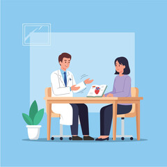 Fototapeta premium Doctor discussing medical information with a patient in a consultation room, illustrating a heart diagram for understanding