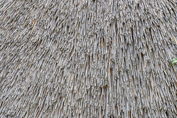 Close-up of thatched roof made from natural fibers, rustic wooden structure background, candid documentary style. a