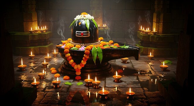 Black Shiva Lingam adorned with marigold flowers and burning oil lamps in a spiritual temple setting