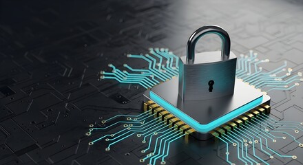 Silver Padlock on Microchip Processor with Glowing Circuit Board for Cybersecurity Concept
