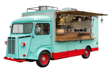Mint green vintage truck serving delicious food outdoors