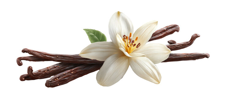 A vanilla flower and beans on a black background