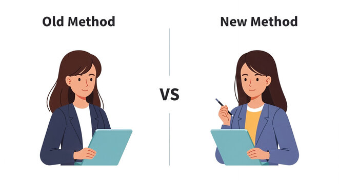 Old Method vs. New Method Comparison: Businesswoman Showing Traditional vs. Innovative Process with Tablet and Stylus - Powered by Adobe