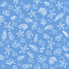 Underwater marine pattern with starfish, fish, and seaweed on blue background