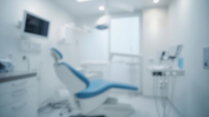 Abstract blurred background of a modern dental clinic office. Defocused medical interior with chair for presentation or website header.