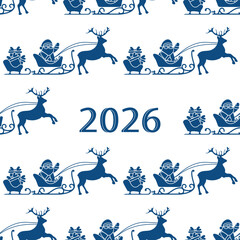Christmas pattern with reindeer and sleigh featuring Santa and gifts, 2026 holiday design