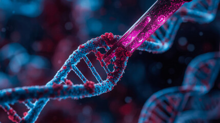 Macro 3D render of pipette injecting liquid into damaged DNA helix. Genetic engineering, CRISPR and gene therapy medical concept.