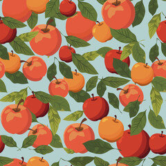 Seamless pattern with red and orange apples and green leaves on light blue background