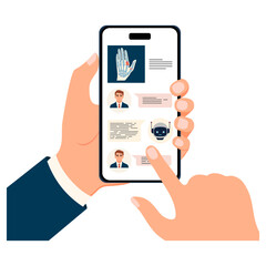 Person using smartphone for text messaging with chatbot and medical info displayed on screen