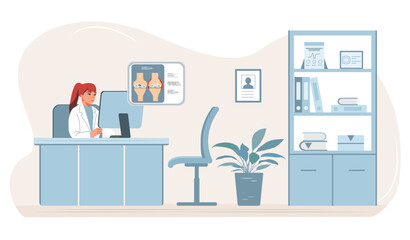Doctor in office using computer at desk with anatomical poster on wall in medical background