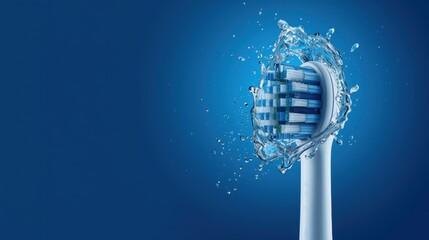 Close-up of electric toothbrush head with dynamic water splash. Concept of ultrasonic vibration, power cleaning and dental hygiene.