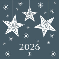 Hanging stars with snowflake patterns and 2026 on a dark background for New Year design
