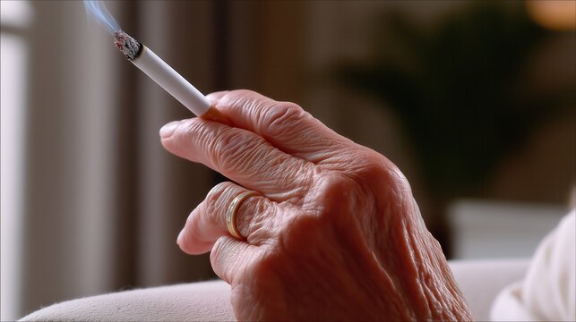 An elderly hand with visible wrinkles holds a lit cigarette, showcasing the effects of aging. Smoking habit and its impact on health.