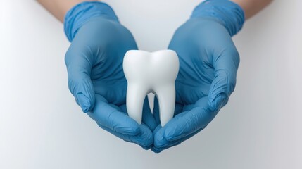 Dentist hands in blue gloves holding a large healthy white tooth model. Dental care, protection and insurance concept isolated on white.