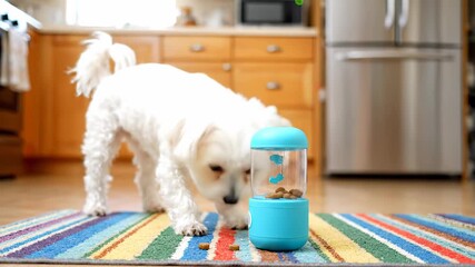 Cute little white pup mastering the art of operating an automated treat dispenser. The clever furball uses its paw to push a button and is delighted with a tasty reward