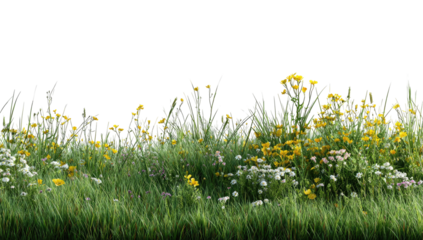 A lush border of green grass with delicate wildflowers and tall stalks