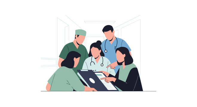 A diverse group of medical professionals, including doctors and nurses, collaborating and discussing patient care around a table with a clipboard, depicted in a modern flat 2D illustration style