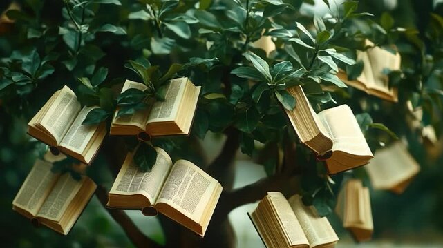 Video A tree with many books hanging from its branches, perfect for academic or literary-themed projects