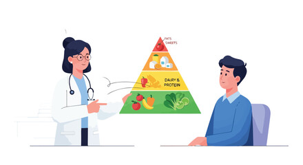 Medical professional advising a patient on healthy eating pyramid, a visual guide to balanced nutrition and dietary choices for a healthy lifestyle and well-being