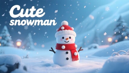 Fototapeta premium Adorable snowman wearing a santa hat and scarf in a snowy winter landscape