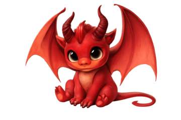 Red baby dragon, adorable with large eyes and wings sitting down, cutout, PNG isolated on white or transparent background