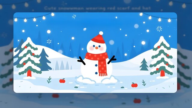 Cute snowman wearing a scarf and hat in a snowy winter landscape