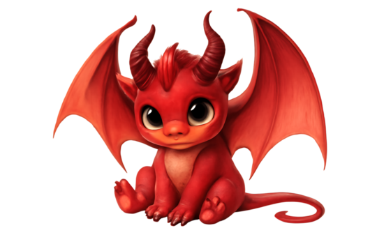 Red baby dragon, adorable with large eyes and wings sitting down, cutout, PNG isolated on white or transparent background