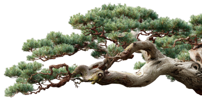 Twisted ancient pine branch with vibrant green needles against black - Powered by Adobe