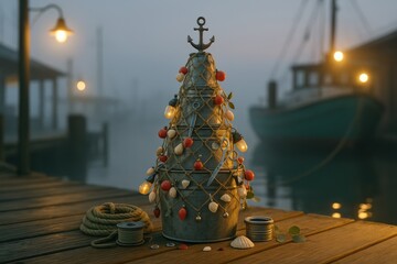 Fototapeta premium A Coastal Christmas Tree Decorated with Shells, Lights, and Nautical Elements, Set Against a Foggy Harbor Background for a Festive Maritime Vibe