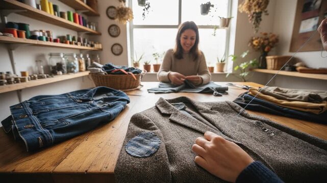 An artisan meticulously crafts a garment, with natural light pouring in, showcasing skill and precision in a warm and inviting studio.