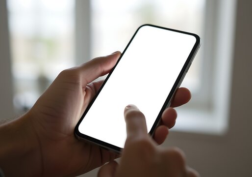 Close-up of a hand holding a smartphone with a blank white screen, finger touching the display, ideal for user interface or mockups